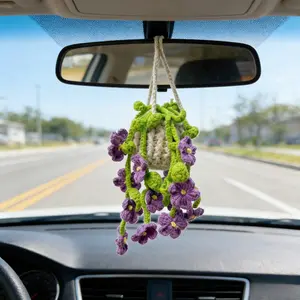 Handmade Crocheted Flower Car Hanging Ornament, Boho Vibes with Purple Violets & Green Leaves, Perfect for Car Decoration, Unique Air Freshener for Travel & Daily Commute