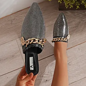 A-FESSA Women's Pointed-Toe Diamond-Encrusted Half-Slip Shoes with Metal Chain Smiley Face Decoration Slip-On Style for Commuting Dating Parties Light Luxury Comfortable Non-Abrasive High-Quality Texture Footwear