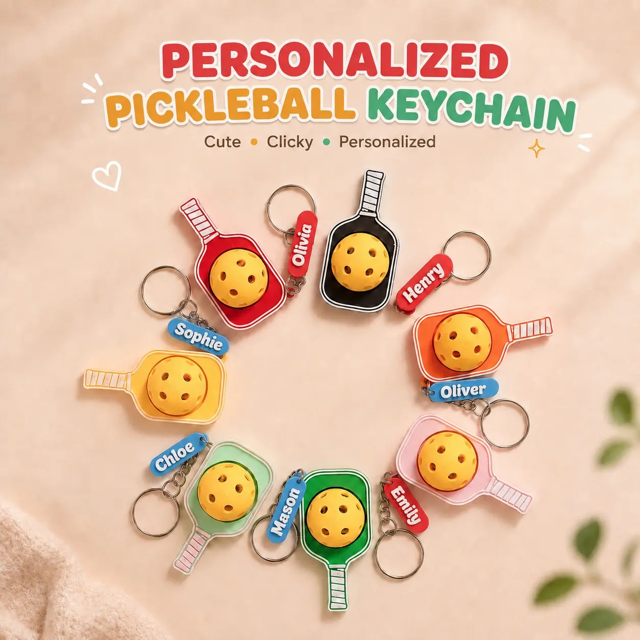 Personalized Pickleball Keychain with Custom Name Charm