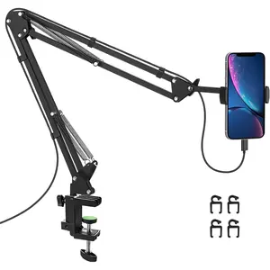 Black Adjustable Clamp Phone Holder with Long Arms for Desk or Bed, Flexible Design for Pixel Devices, Includes Clamp Clip