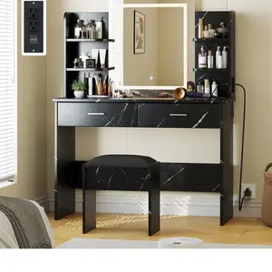 GARVEE Vanity Desk with Mirror and Lights, Makeup Vanity Set w/Desk and Stool, Power Outlet, Makeup Vanity Desk with 6 Storage Shelves, 2 Large Drawers and 3 Color Adjustable Brightness, Marble Black