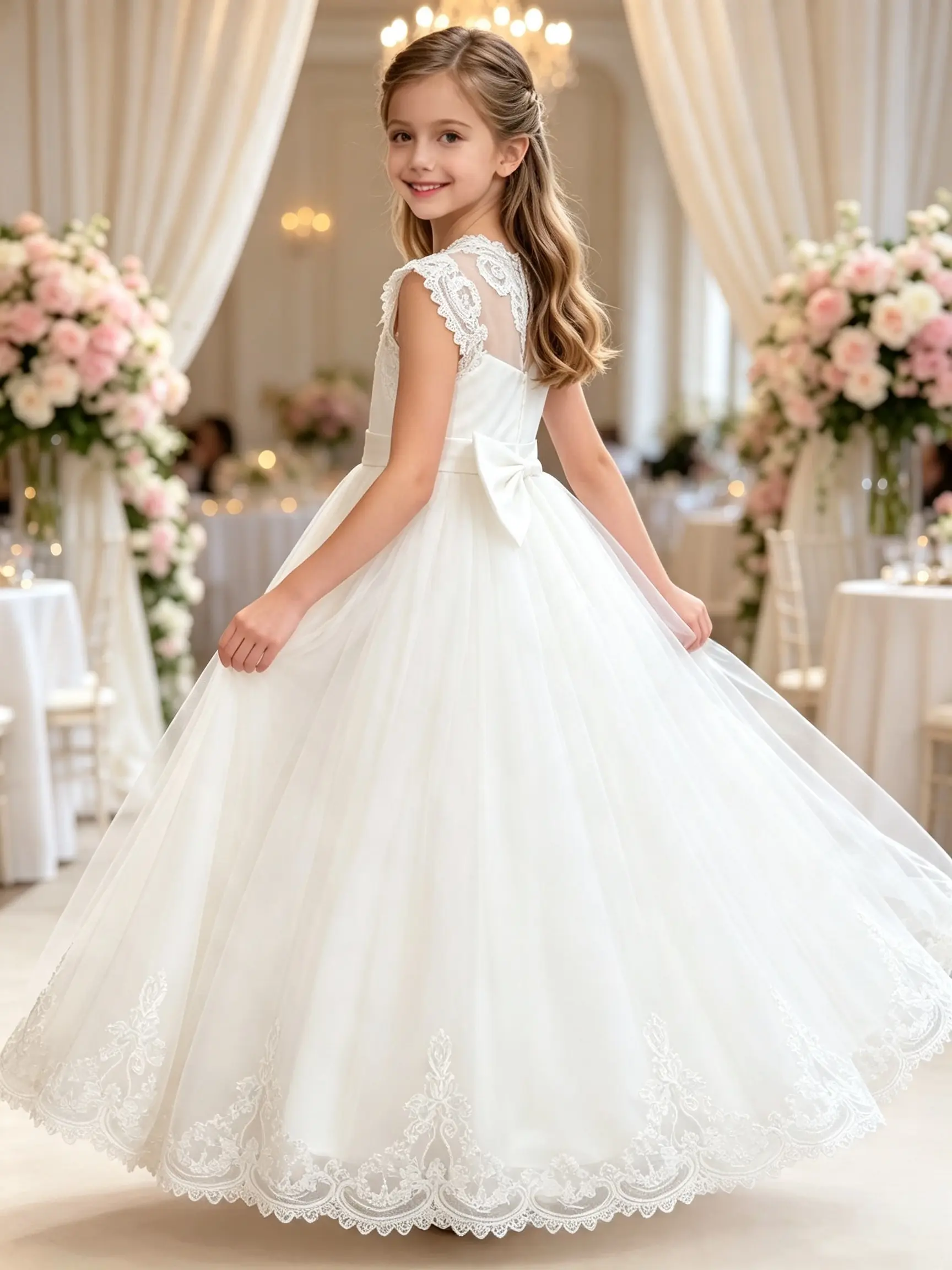 Girls' Elegant Polyester Sleeveless V-Neck Embroidered Lace Flower Girl Dress - Communion, Wedding Party Formal Gown
