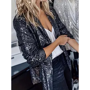 Sequined Open Front Blazer, Elegant Long Sleeve Lapel Collar Blazer, Women's Clothing