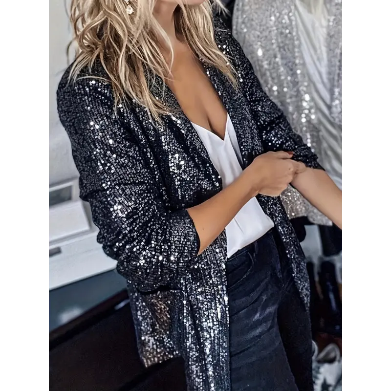Sequined Open Front Blazer, Elegant Long Sleeve Lapel Collar Blazer, Women's Clothing