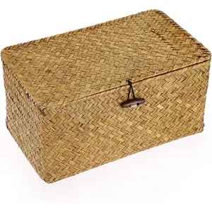 Wicker Shelf Baskets Bin with Lid, Handwoven Seagrass Basket Storage Bins Rectangular Household Basket Boxes for Shelf Wardrobe  Organizer, Caramel Medium