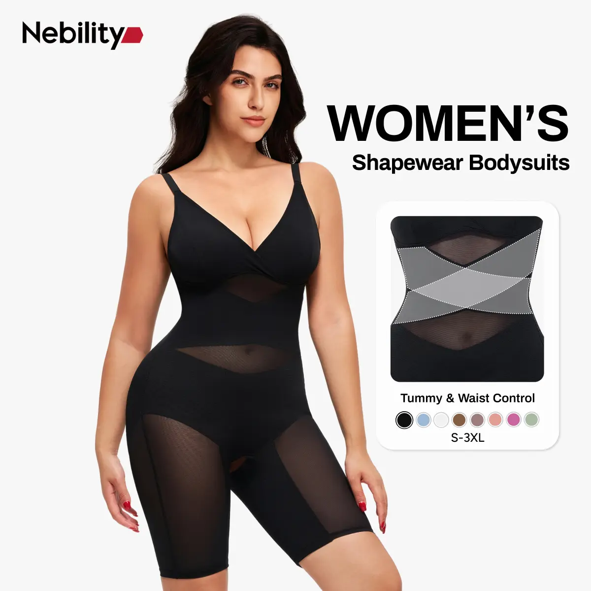 [MAX] Nebility Women's Vneck Bodysuit Shapewear - Built-in Bra, Mesh Breathable Compression, Sleeveless High Waisted, Basic Minimalist Comfort Womenswear Black&Black