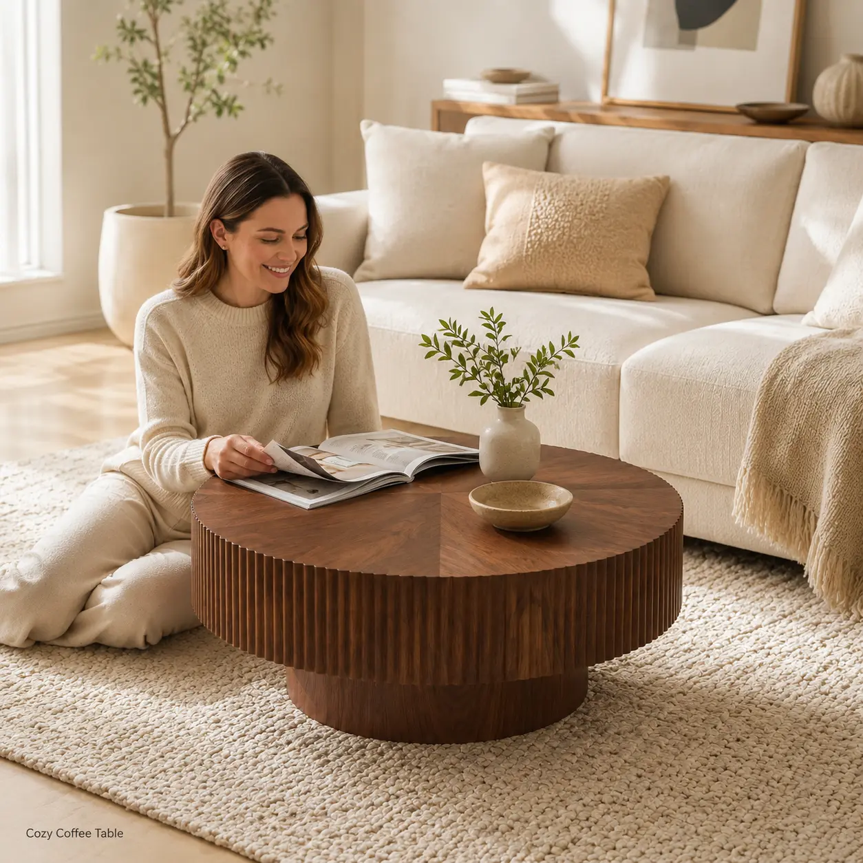 31-Inch Round Shape Coffee Table with Sturdy Pedestal Base, Modern Small Center Table for Apartment Living Room & Lounge, Walnut Indoor Furniture