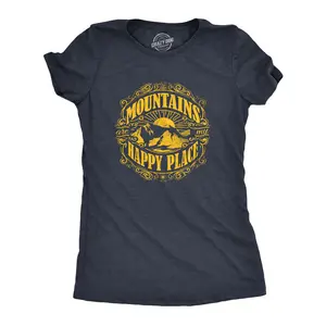 Womens Mountains Are My Happy Place Cool Vintage Hiking Camping T shirt Graphic Funny Womens T Shirts Cute Vintage Fashion Casual Ladies T-Shirt Gift Vintage Tops for Women Funny Camping Top Women's Novelty Navy