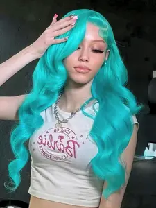 Mint Blue Body Wave Wig Teal Lace Front Wig 13x4 HD Transparent Lace Wavy Wig Pre-Plucked Natural Hairline Heat-Resistant Synthetic Wig Teal Music Festival Look Lace Frontal Wigs for Women Parties Cosplay Stage 28 Inches