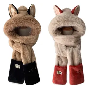 Fox Ears Plush Bonnet Women's Winter Warm Ear Protection Hat, Scarf Gloves, Autumn Winter Cycling Cap