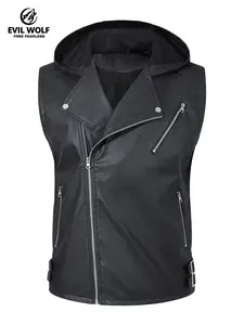 The 2025 new spring and summer motorcycle sleeveless leather vest jacket for men, a trendy and casual waistcoat, and a pu hooded vest for men