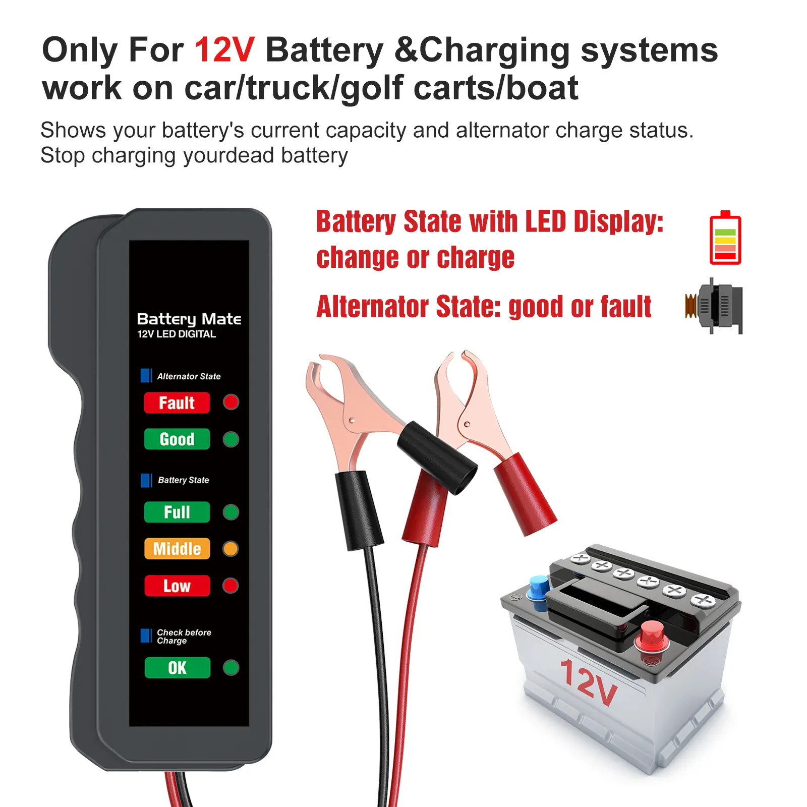 BM310 12V Lead-Acid Battery Tester - 6 LED Display Automotive Alternator Scanner, Easy-to-Use Copper Clips Diagnostic Tool with Good Chip Inside, Load & Full Charge Check for Golf Carts, Trucks