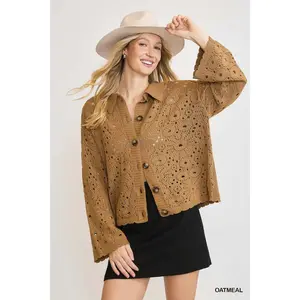 Umgee Crochet Button Down Knit Cardigan - Oatmeal Oversized Soft Cotton Acrylic Blend Long Sleeves Fitted Casual Chic Women's Knitwear