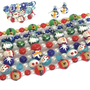 Christmas Holiday Glass Beads for Bracelet, Santa Claus Santa Elf Belt Angel Star Snowman Tree Snowflake, DIY Jewelry Supplies, Pack of 7 Strands