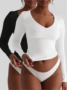 Women's V-Neck Long Sleeve T-Shirt Set, Casual Fitted Plain Design, Fall & Winter Fashion, Basic Style Two-Piece Tops