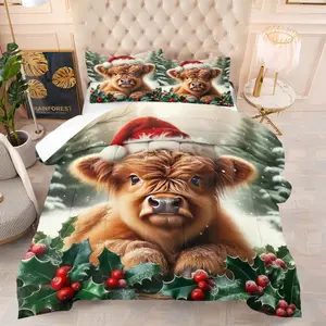 2/3 Piece Christmas Edition Highland Cattle Print Comforter Set, Bedding Set, Cute and Festive Cow Baby Wearing Christmas Hat With Green Plants, Bedroom Decoration, Christmas Carnival Happy