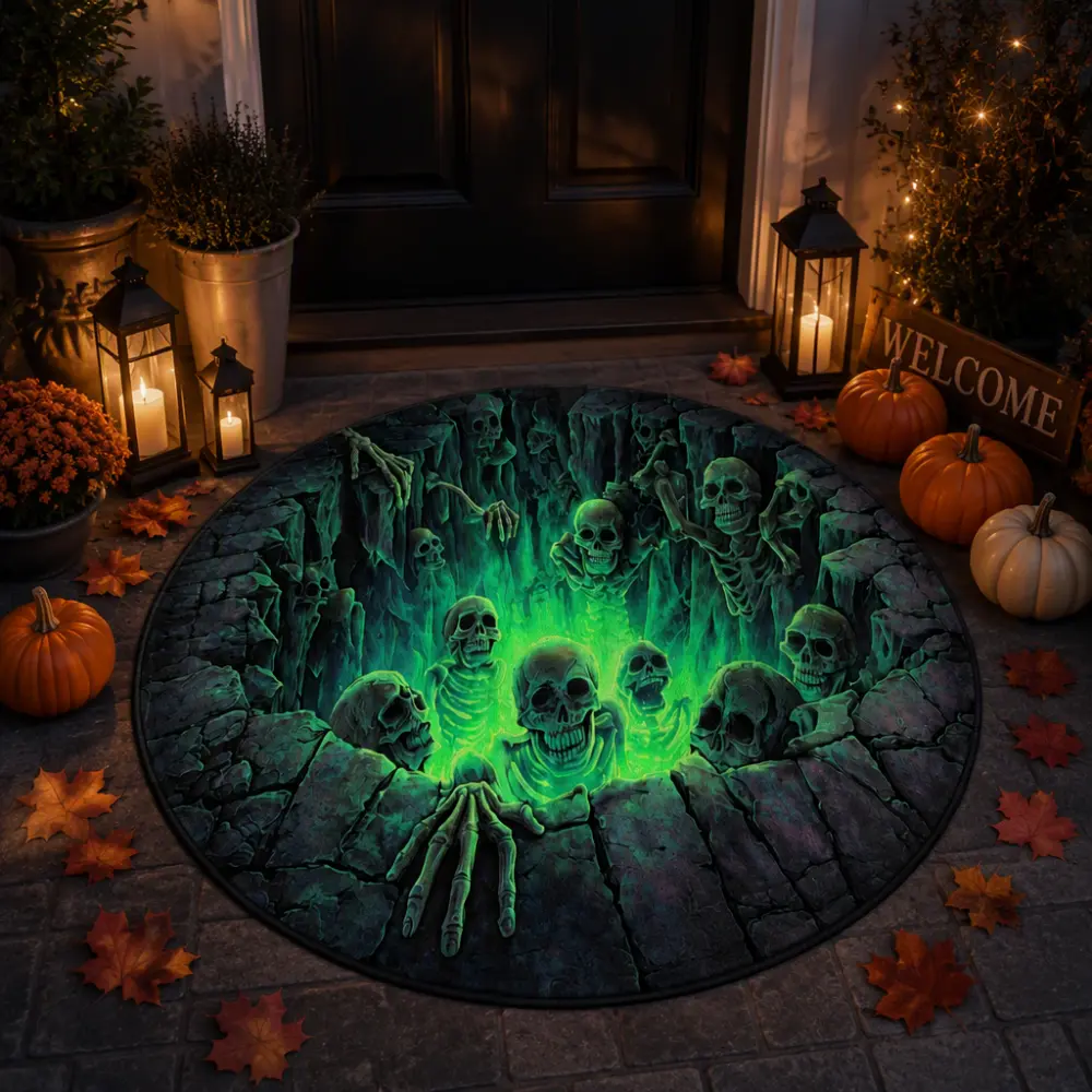 Halloween 3D Abyss Round Area Rug - Spooky Skeleton Optical Illusion Floor Mat, Black-Orange Checkerboard Web Design, Non-Slip Doormat for Living Room, Halloween Party Decor