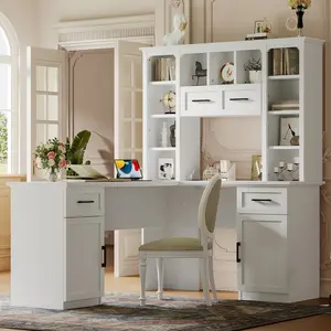 Bellemave L-Shaped Modern Corner Computer Desk with 11 Open Shelves, 1 Right Flip Storage Shelf, 2 Cabinets, 2 Drawers, Built-In Power Outlet, MDF Board & Computer Desk Stand for Study, Office, Modern Corner Desk
