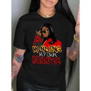 Women's Printed T-shirt - Women's casual black crew neck Short Sleeve Top, Portrait Print T-shirt, short sleeve,  seasonal chic | stretch T-shirt | comfortable fit Womenswear Streetwear Tshirt Crewneck Fitted Shortsleeve