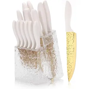 Knife Set Non Stick Set with Block Cutlery, Serrated Steak Knife, Scissors and Sharpener, 15Pcs Stainless Chef Quality with Gold Blade for Home & Pro Use