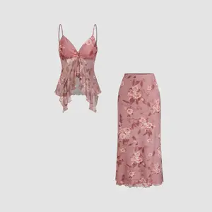 Cider V-neck Floral Ruffle Cami Top & Mid Rise Maxi Skirt Set