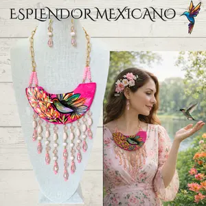 Mexican Artisan Handmade Talavera Necklace Set with matching Earrings/Hummingbird/Collar de Colibrí de Talavera Hecho a Mano/Hecho en Mexico
