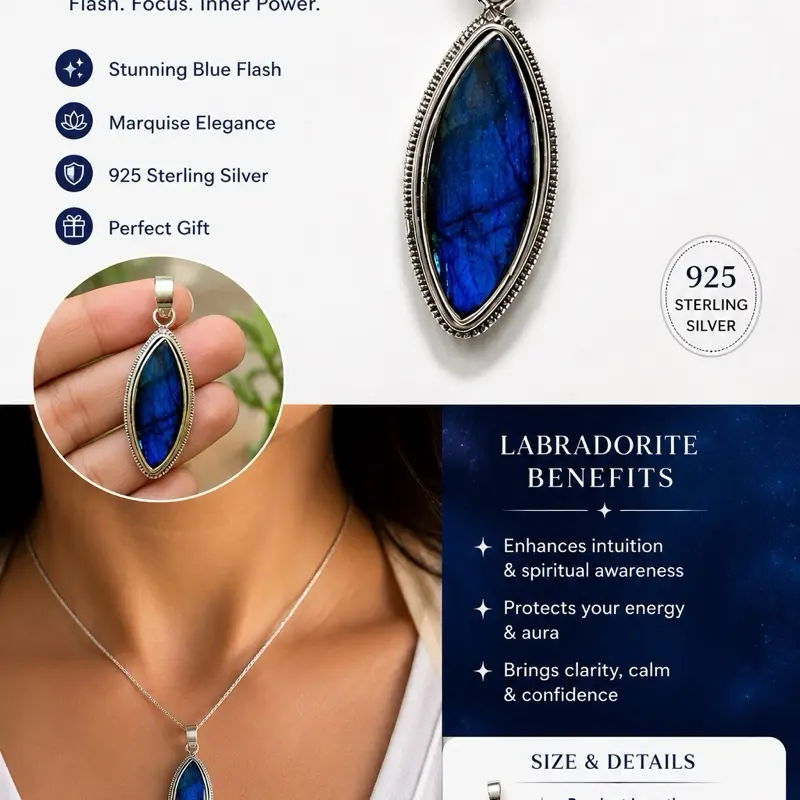 Blue Labradorite Marquis Pendant – 925 Sterling Silver