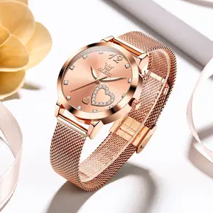 OLEVS Women's L5189 Rose Gold Mesh Quartz Watch 30m Waterproof Heart-Design Round Dial Red Heart Gift Box Set with Bracelet Stainless Steel Wristwatch