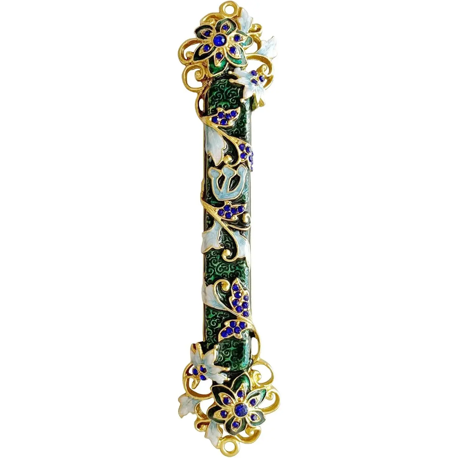 Hand Painted Solid Metal Mezuzah - Lightweight Judaism Home Decor with Blue Crystal Accent, Vintage Charm, Artistic Design Hanging Decor, Jewish Faith Doorway Mount, New Year Gift