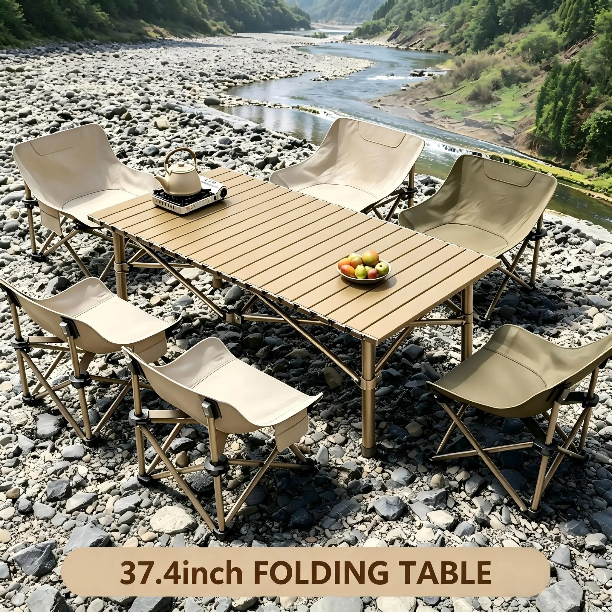 37.4 in Multifunctional Foldable Aluminum Alloy Camping Table - Portable Roll-Up Rectangular Heavy-Duty Outdoor Picnic Table for Multi-Person Events