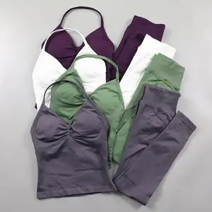 Impact Tight Pants Set Women's Seamless Yoga Set Fitness Suit Tight Mat Vest Sports Suit Sports Suit Sports Suit Comfortable Bellbottom Pants Vest and Shorts Hip Weightlifting Tight Yoga Set