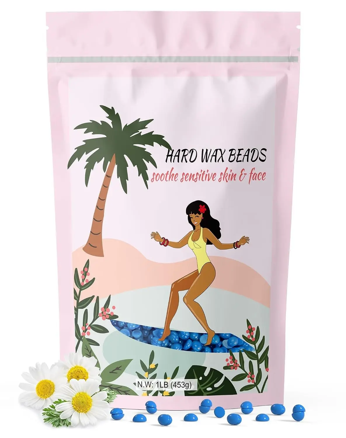 1 lb Hard Wax Beads for Hair Removal, Chamomile Wax Beans, Blue | Full Body, Brazilian, Bikini Waxing, Face, Eyebrows, Underarms, Arms, Chest, Back, Legs, Home Refill Wax for Wax Warmer Kit