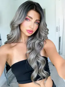 Dark Grey with Black Root Wig 13x4 Lace Front Pre Styled Wig Body Wave Synthetic Wig Free Part Natural Hairline Heat-Resistant Fiber for Women Parties Cosplay Stage 28 Inches