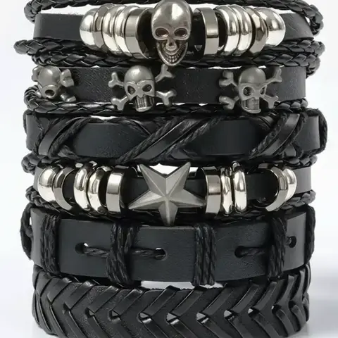 Unisex Street-Style PU Leather Braided Bracelet Set, 6 pcs/set Bracelet Bundle, Trendy Vintage Drawstring Matching Bracelets, Chic Goth Jewelry Gift for Parties, Stackable Bracelets, Stacked Design Bracelets, Adjustable Bracelets