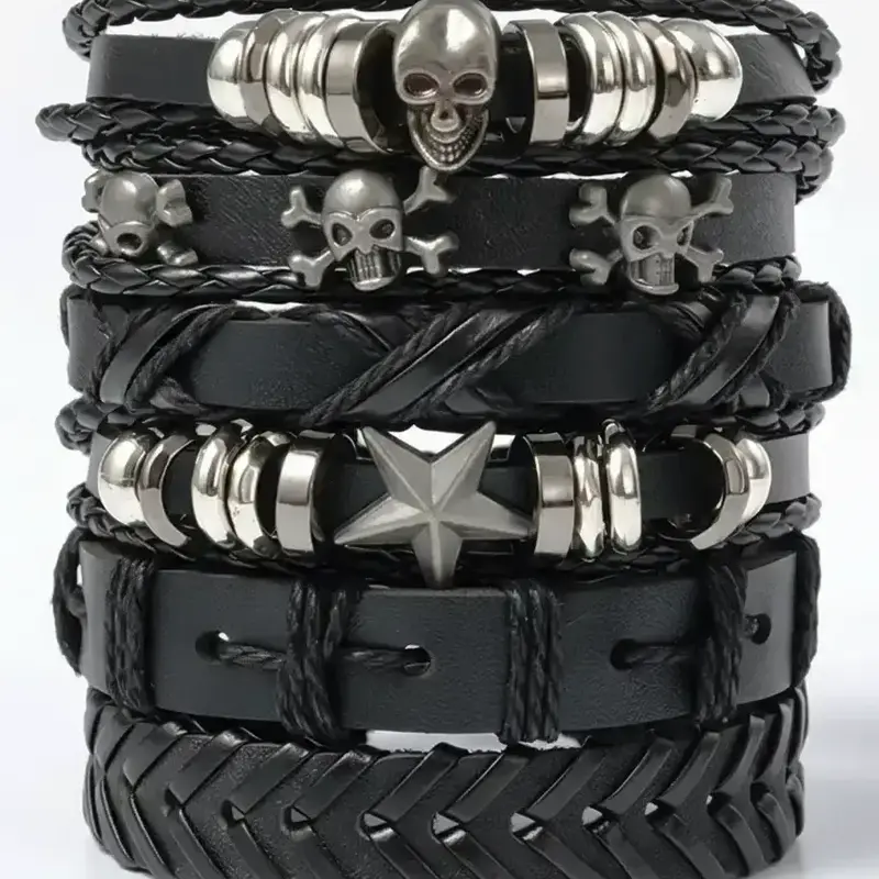 Unisex Street-Style PU Leather Braided Bracelet Set, 6 pcs/set Bracelet Bundle, Trendy Vintage Drawstring Matching Bracelets, Chic Goth Jewelry Gift for Parties, Stackable Bracelets, Stacked Design Bracelets, Adjustable Bracelets