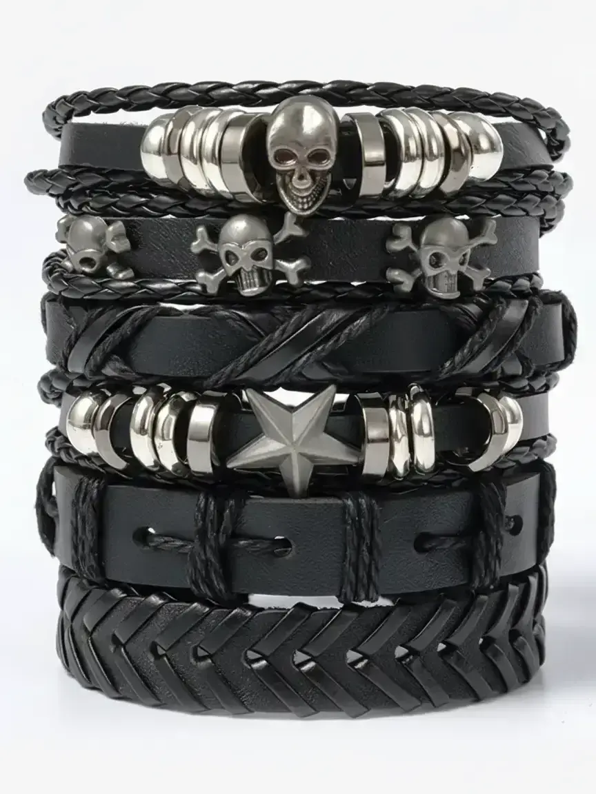 Unisex Street-Style PU Leather Braided Bracelet Set, 6 pcs/set Bracelet Bundle, Trendy Vintage Drawstring Matching Bracelets, Chic Goth Jewelry Gift for Parties, Stackable Bracelets, Stacked Design Bracelets, Adjustable Bracelets