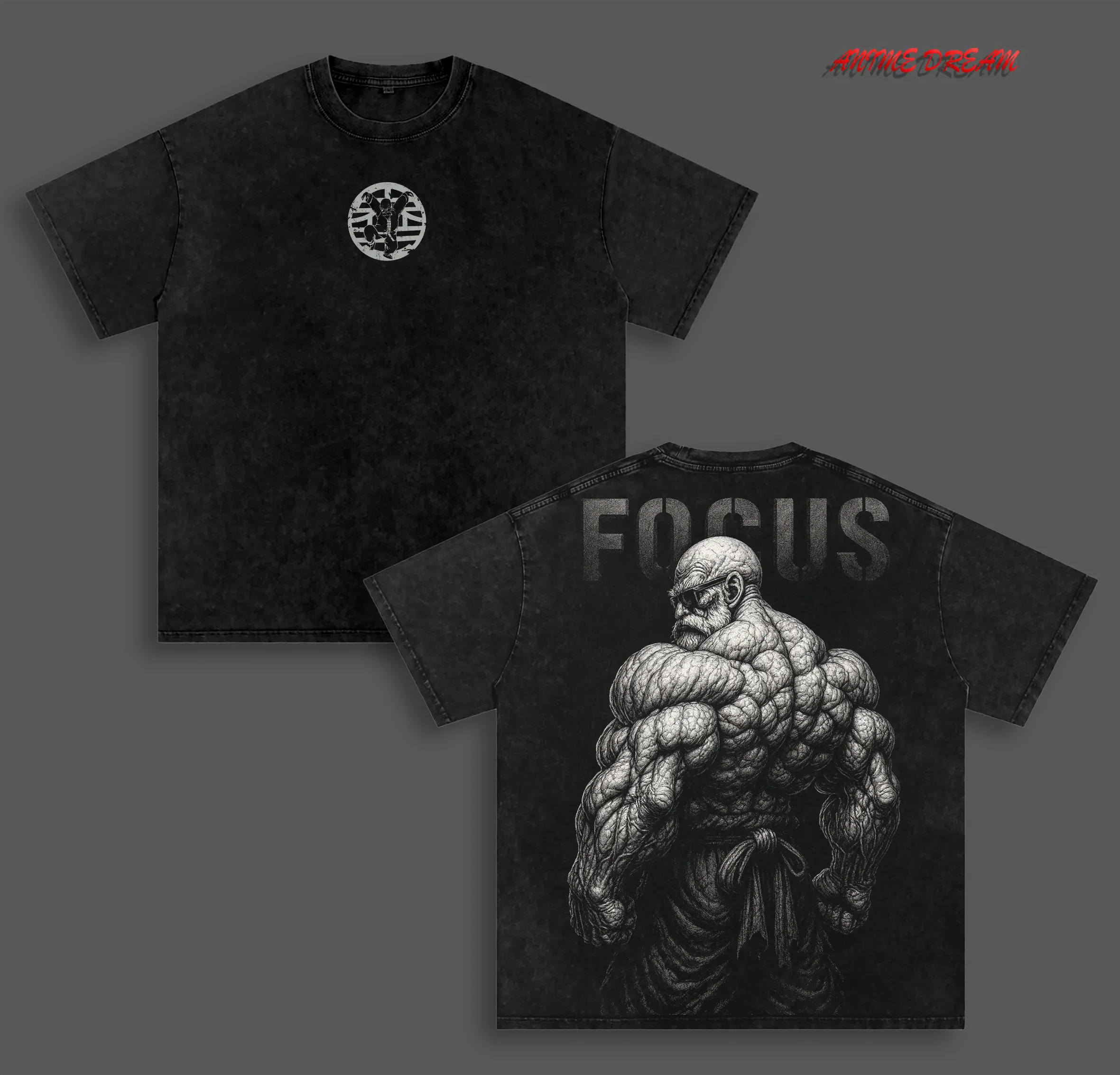 Muscle Monster Muten Roshi Jack Hanma Baki Hanma Yujiro Hanma Saitama Anime Double Printed Vintage Washed Tee Unisex Oversize Anime Manga Washed Heavyweight Cotton T-shirt
