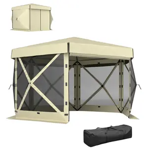 Outsunny 12' x 12' Hexagonal Pop Up Gazebo Canopy Tent with 5 Sidewalls, Waterproof Portable Outdoor Canopy Shelter with Curtains, Carry Bag, 5 Ropes, 11 Stakes for Camping, Garden, Patio, Beige
