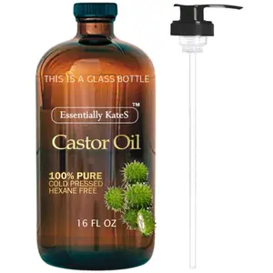 Castor Oil 16 Fl Oz (Glass Bottle) - Original - A Huge Glass Bottle with a Pump - 100% Pure and Natural, Cold Pressed, and Hexane-Free - Hair and Body