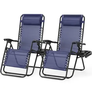 Set of 2 Zero Gravity Chairs with Cup Holder Trays, Camping Patio Outdoor Folding Lounge Chairs with Adjustable Pillow for Poolside