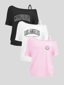 Women's California Print Off-Shoulder Top, Casual Short Sleeve Pattern Tee, Ultra Soft Breathable Comfort Street Style