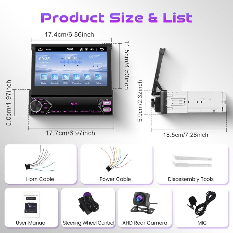 Single Din Flip Out Car Stereo Bluetooth 7 Inch Retractable Touch Screen Car Radio 1 Din Mirror Link/FM/EQ USB/Type-C/AUX SWC,  Car Audio Receiver MP5 Multimedia Player with Backup Camera
