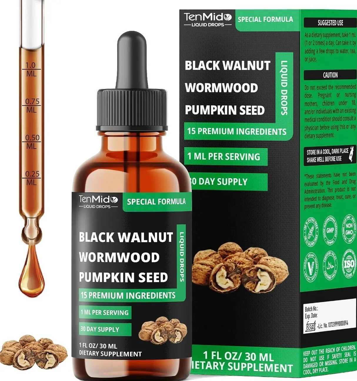 15in1 Black Walnut Liquid Drops with Wormwood, Pumpkin Seed, Oregano, Garlic, Soursop, Berberine, Shilajit,Ceylon Cinnamon, Turmeric & More - 30 Days Supply - 1FL Oz