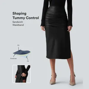 Halara High Waisted Tummy Control Ruched Curved Hem 2-in-1 Fleece PU Midi Casual Skirt