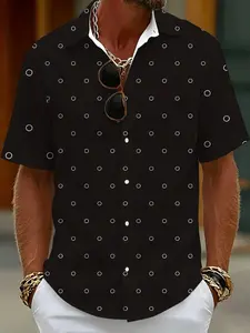 Short-sleeved shirt with black background, white circle polka dot print, a men's casual top with a simple and retro style