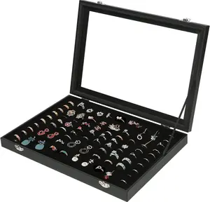 Ring  Organizer Box, 100 Slot Rings Display Storage Case Earring Showcase - Black   Stand Holder Tray with Transparent Glass Lid - Ideal  for Women Girls