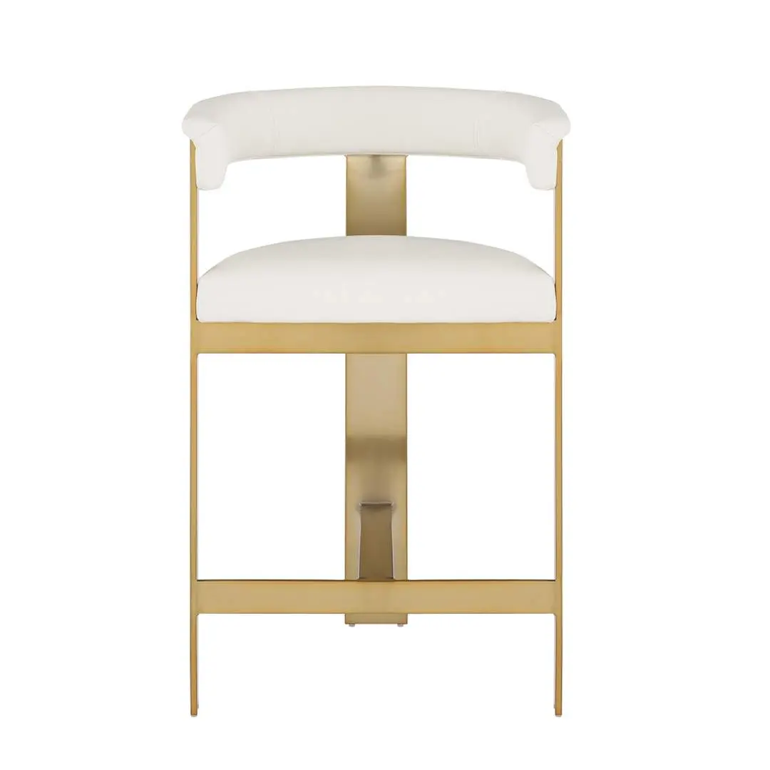 Meridian Furniture Romeo Faux Leather Bar Stool, Cream - Brushed Gold Metal Frame - Contemporary Design