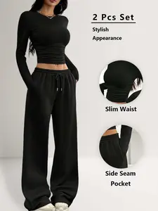 Women Solid Color Ruched Long Sleeve Top & Wide Leg Pants Two Piece Set, Slim Fit, Soft Breathable Fabric with Side Pockets, Perfect for Streetwear, Daily Outings & Casual Loungewear, Womenswear