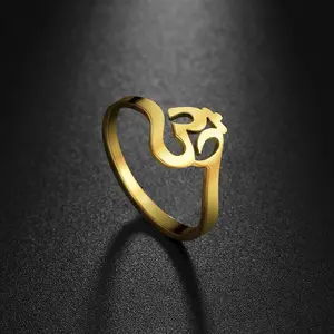 Stainless Steel Hollow Om Symbol Buddha-Inspired Golden Shaped Rings, Unisex Fashion Costume Jewelry, Unique Gift Option