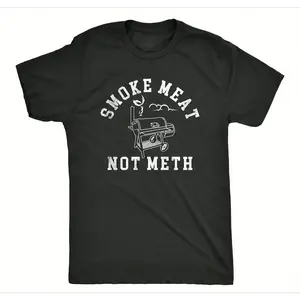 Black Short Sleeve T-shirt with White "SMOKE MEAT NOT METH" Text and Grill Graphic in Contrast Design